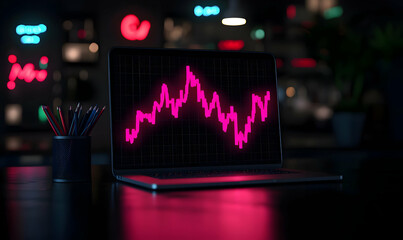 Poster - Neon Graph Display on Laptop in Dark Room with Ambient Lighting