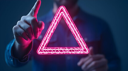 Poster - Hand Pointing to Neon Triangle Symbol Sign with Blue Background