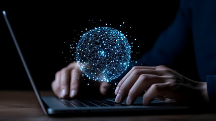 Poster - Digital Sphere of Connectivity Above Laptop in Dark Environment