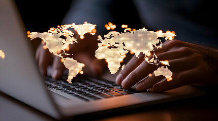 Poster - Hands Typing on Laptop Keyboard with Glowing World Map Overlay
