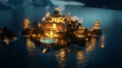 Wall Mural - mysterious illuminated castle reflects in waters near a rocky shore at dusk in a serene landscape