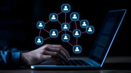 Poster - Hands Typing on Laptop with Network of User Icons Above Screen