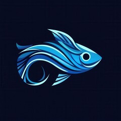 Aufkleber - Abstract fish logo featuring wave patterns in cool blue tones creates a minimalist aquatic theme for branding purposes Generative AI