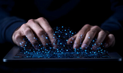Poster - Hands Typing on Keyboard with Digital Blue Network Visualization