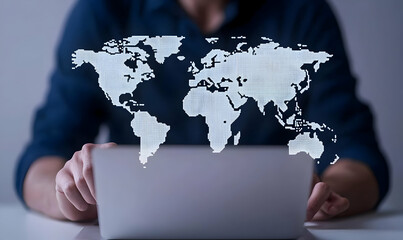 Poster - Person Typing on Laptop with World Map Graphic Overlay