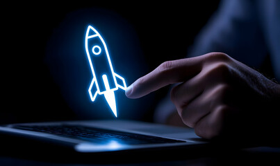 Poster - Hand Pointing at Digital Rocket Symbolizing Innovation and Launch