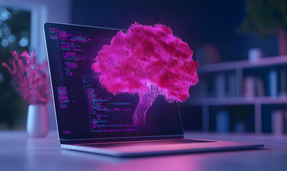 Poster - Digital Brain Concept with Pink Visualization on Laptop Screen