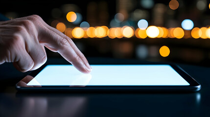 Poster - Close-up of Human Finger Tapping on Touchscreen Tablet at Night