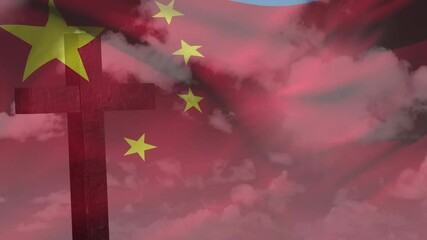 Poster - Overlapping Chinese and American flags with cross and clouds in background animation