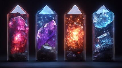Wall Mural - Glowing Crystal Columns Vibrant Hues Dark Background. AI Generated
