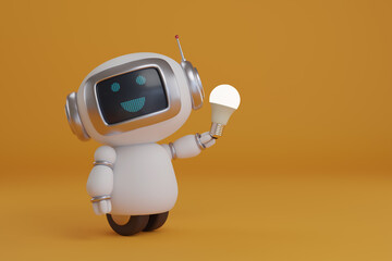 cute happy robot with light bulb on orange background. 3d illustration.