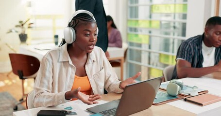Fototapete - Office, businesswoman and headphones with laptop for video call, talking and negotiation for startup. Coworking, employee and consultant intern with digital for virtual meeting, discussion or contact