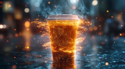 Poster - dynamic animation of a steaming coffee cup showcasing vibrant glowing effects in a bustling city