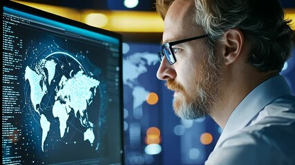 Contemporary male coder immersed in cutting-edge digital technology within a futuristic workspace.