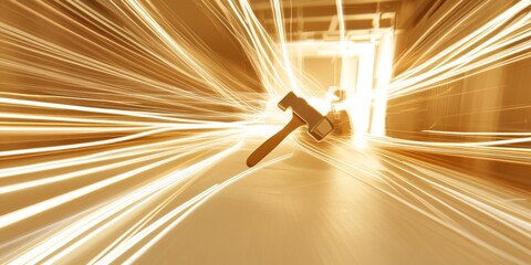 Aufkleber - A dynamic scene featuring a hammer in motion, surrounded by beams of bright light. The image conveys energy and speed. Perfect for concepts of construction or action. AI