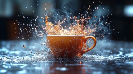 Poster - Digital glitch effect showcasing splashing coffee cup in a dynamic animation