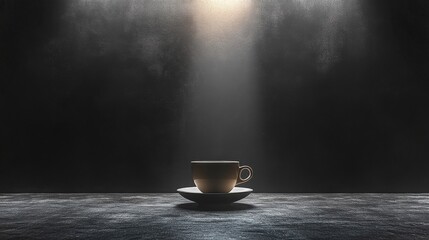 Poster - Coffee cup floats mysteriously in dark setting with single beam of light illuminating it