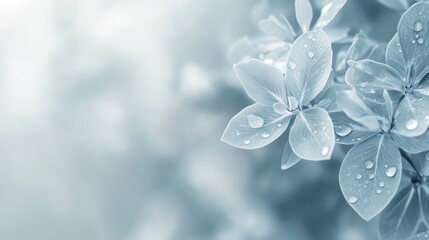 Poster - Delicate flowers glisten with raindrops against a soft, abstract background of muted blue and gray tones capturing sadness Generative AI