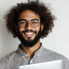 Poster - a man with a smile is holding a laptop in front of a transparent background