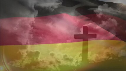 Poster - german flag with cross silhouette against dramatic cloudy sky in animation style