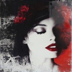 Aufkleber - Serene Beauty: A Portrait of a Woman in Red and Black with Expressive Grunge Textures and a Dramatic Floral Accent