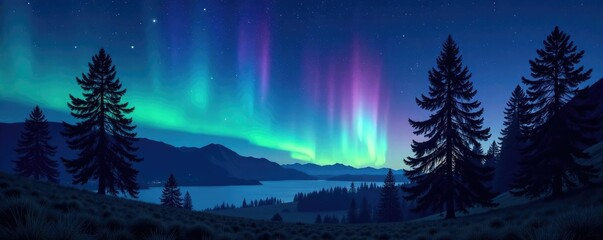 trees under starry night sky with aurora borealis, aurora, landscape