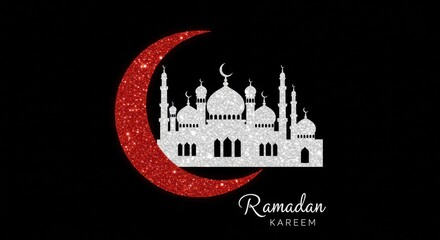 Poster - A crescent moon and a silhouette of a mosque with multiple domes and minarets below the crescent moon and mosque the text Ramadan Kareem is written in white