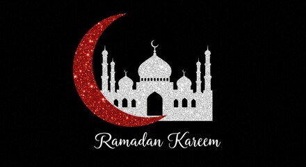 Poster - A crescent moon and a silhouette of a mosque with multiple domes and minarets below the crescent moon and mosque the text Ramadan Kareem is written in white