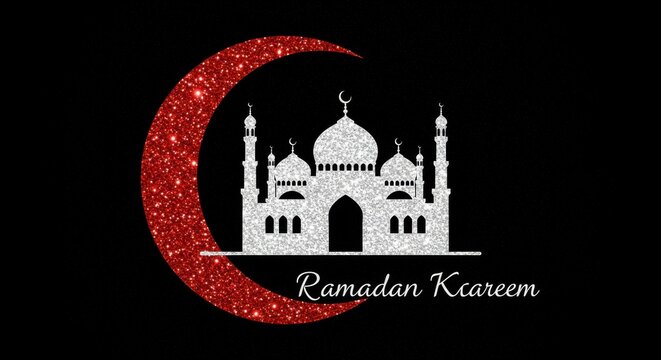 A crescent moon and a silhouette of a mosque with multiple domes and minarets below the crescent moon and mosque the text Ramadan Kareem is written in white