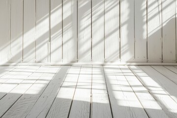 Poster - Sunlight streams through a window, casting dramatic shadows on a white wood floor and wall.