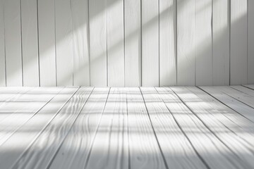 Poster - White wooden floor and wall with sunlight shadows, minimalist background.
