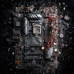 Poster - Advanced Motherboard Exploding with Technology and Data Transfer on a Dark Abstract Background.