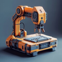 Leinwandbilder - Artistic Render of a Stylized Orange and Blue Robotic Arm with Wood Texture on Gray Background 