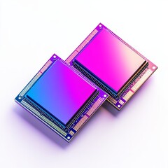 Leinwandbilder - Close-up shot of two stacked modern microchips with a vibrant gradient, showcasing advanced technology and intricate design