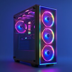 Aufkleber - High-Performance Gaming PC Build with RGB Lighting, Powerful Cooling, and Transparent Case Design on a Blue Background