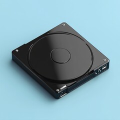 Leinwandbilder - Sleek Black Hard Drive Isolated on Light Blue Backdrop, a Minimalist Still Life of Computer Storage Technology