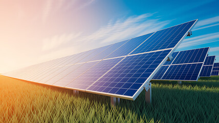 Solar Panel Field at Sunset: Clean Energy and Sustainability
