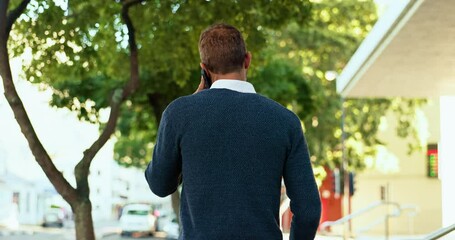 Aufkleber - Business man, phone call and back in street for discussion, networking or contact for deal in city. Professional person, smartphone and mobile connection for conversation, listen or outdoor in France