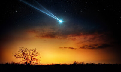 Wall Mural - comet, asteroid, meteorite flying to the planet earth. glowing asteroid and tail of a falling comet 