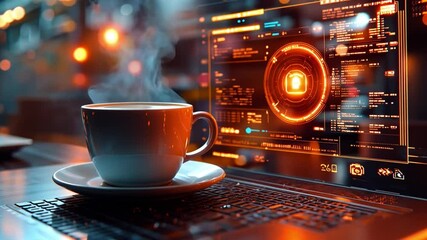 Poster - Modern workstation with a cup of coffee and animated digital interface glowing in 4K resolution