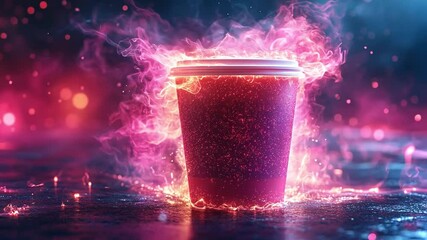 Poster - Vivid animation of a pink cup with glowing effects set against a dark, mystical background