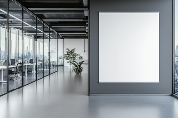 Aufkleber - Modern office with a blank white wall, glass partitions, and city views, featuring a minimalist workspace with greenery, ideal for corporate branding, business presentations, and workspace concepts