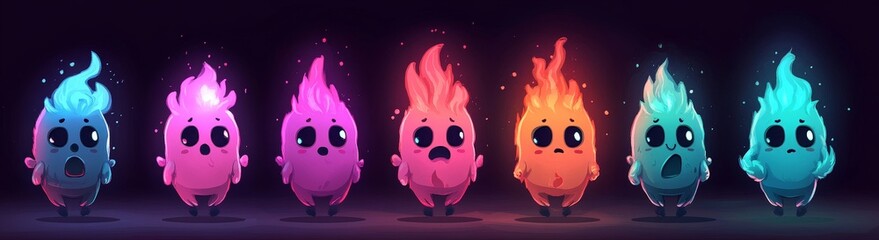 Poster - Burning flame mascots with cute kawaii faces and heart eyes are depicted in a modern cartoon illustration set against a black background, expressing emotions like happiness, anger, fear, and