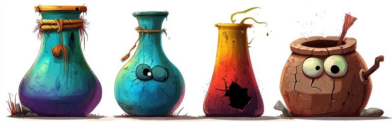 Poster - A modern cartoon illustration showcases isolated antique flower pots on a white background, highlighting ceramic, cracked stone, and clay vases used in gardening and home interior design