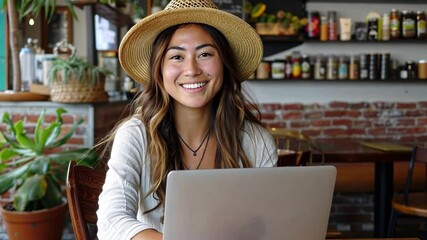 Poster - Freelancer working on a laptop in a cozy coworking space filled with greenery