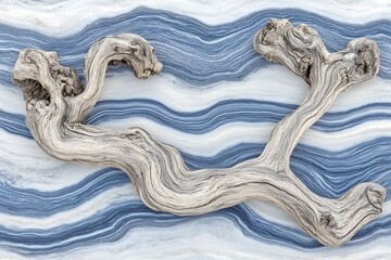 Poster - Driftwood art on abstract blue wave background evoking natural texture