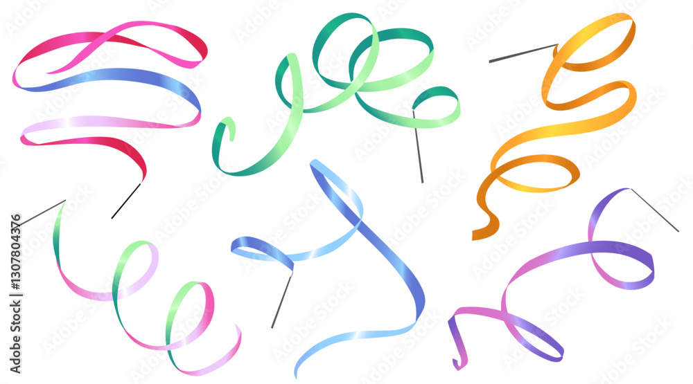 Rhythmic gymnastics ribbons on sticks. Apparatus for floor performance. Sports equipment set isolated on white background
