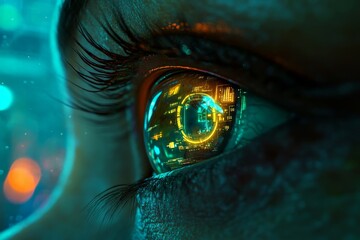 Poster - In a close-up shot, a futuristic cyborg eye is displayed with glowing circuits and a hud interface, illustrating the integration of advanced technology and complex data analysis