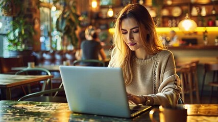 Poster - Freelancer working on laptop in cozy coworking space with warm lighting and casual atmosphere