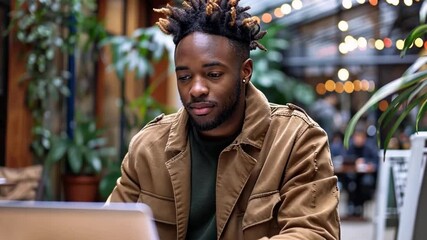 Poster - Freelancer working remotely on a laptop in a vibrant coworking space with greenery and warm lighting